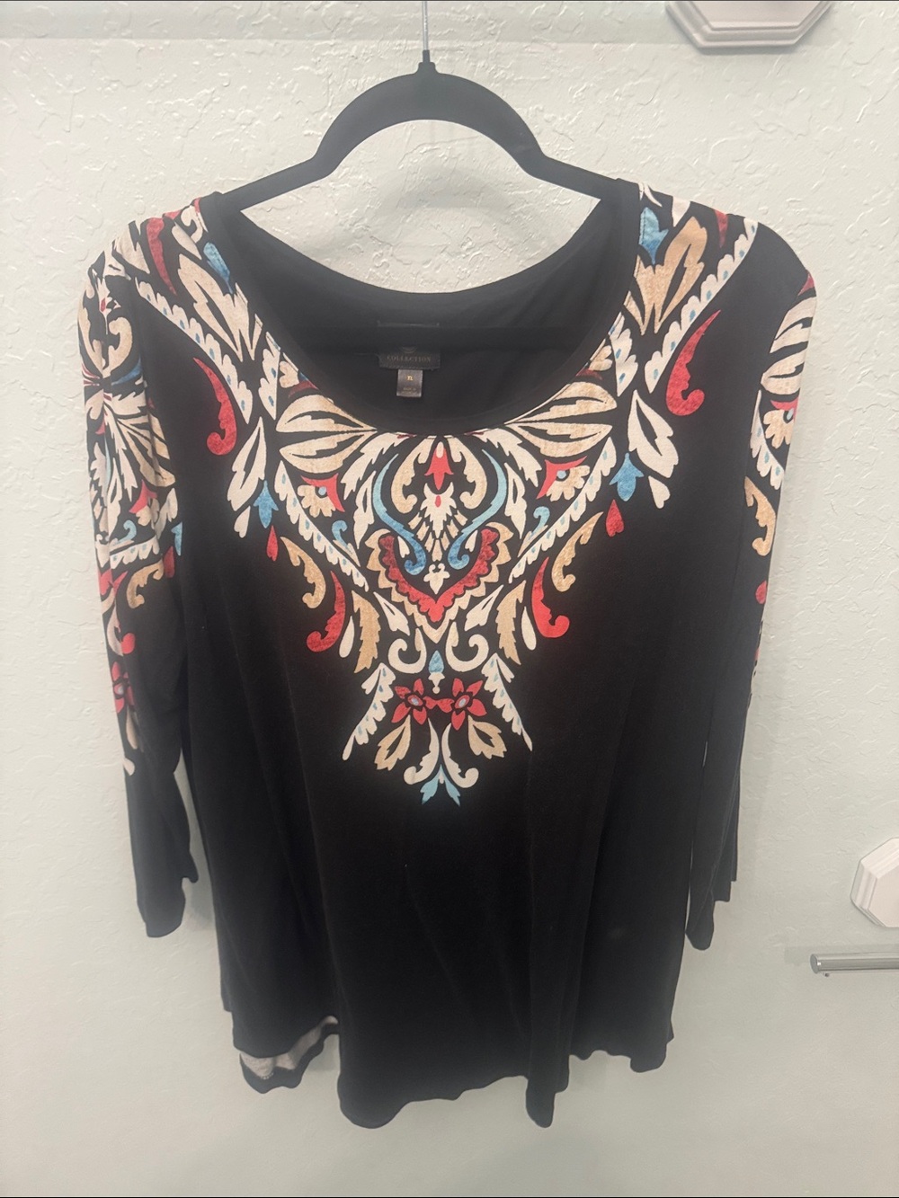 JM Collection Black Scoop Neck Long Sleeve Top with Multicolor Medallion Print